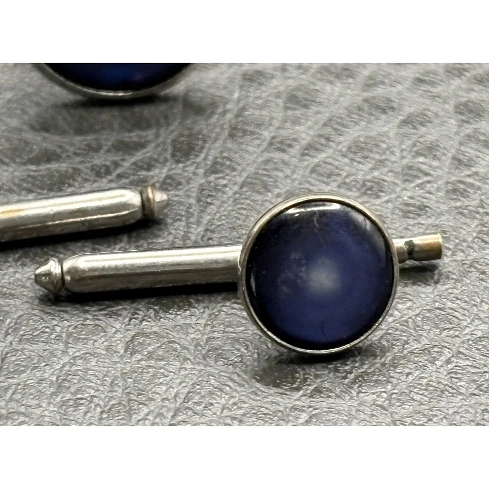 Vintage Silver Tone Moonglow Blue Cabochon Cufflinks Studs Cuff Button Set